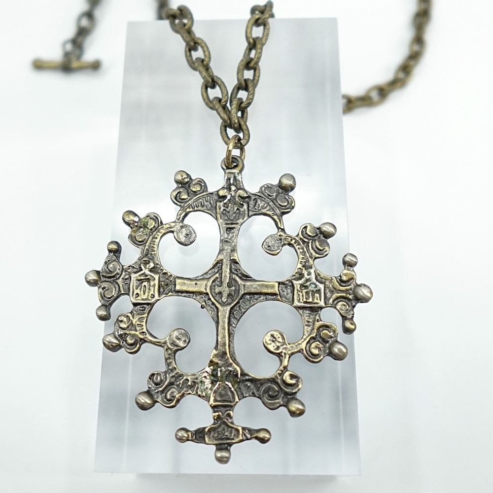 VTG Ethiopian Coptic Cross Necklace Bronze Tone Toggle Clasp 2" Pendant Ornate - Picture 4 of 8